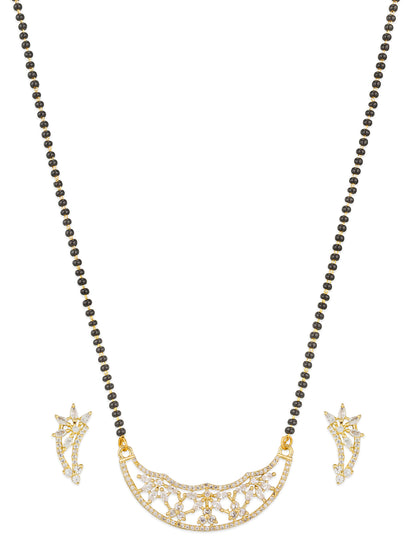 Aadita Festive Gold-Toned AD Stone Mangalsutra Set with Crescent Pendant and Black Bead Chain