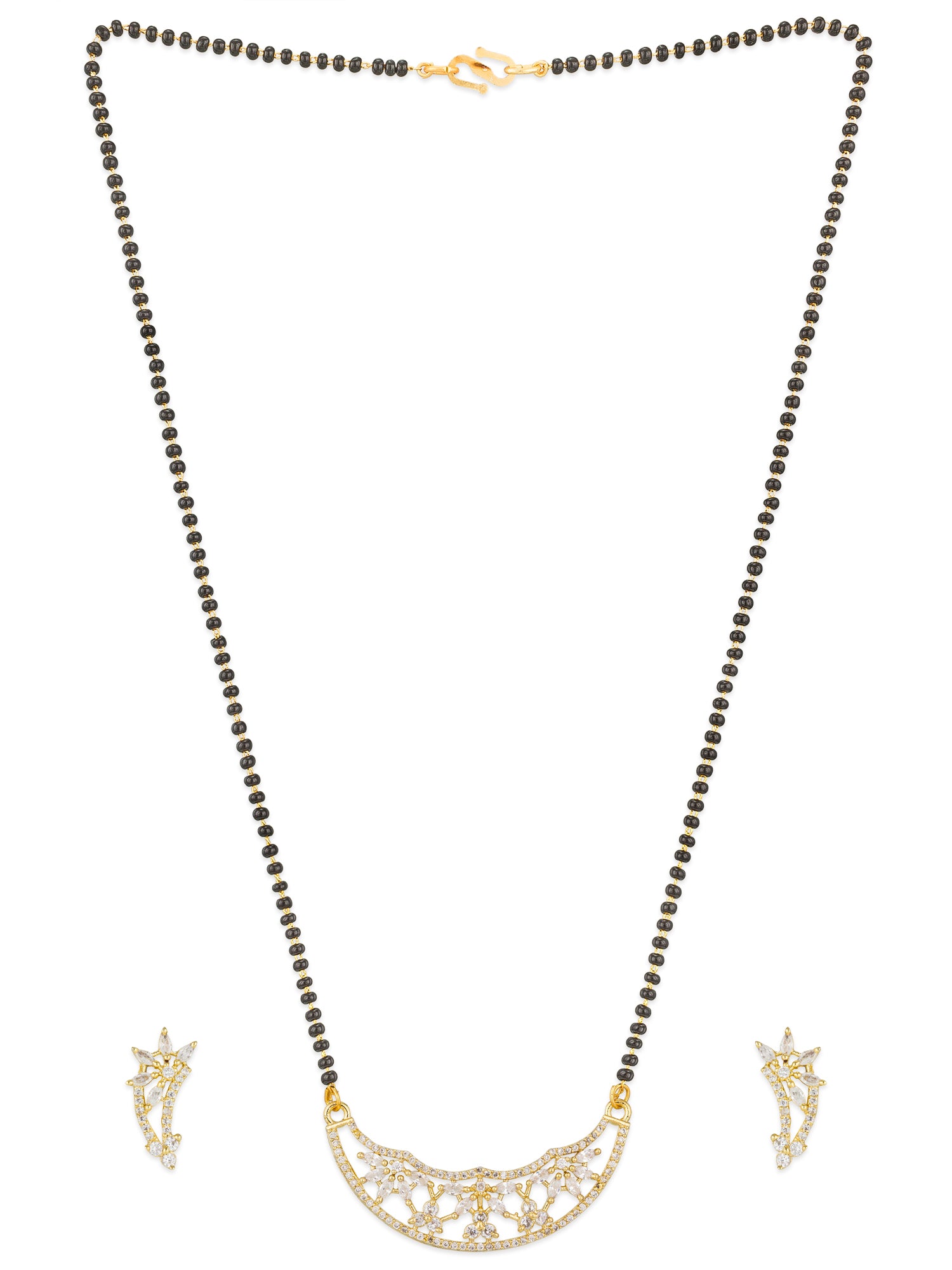 Aadita Festive Gold-Toned AD Stone Mangalsutra Set with Crescent Pendant and Black Bead Chain