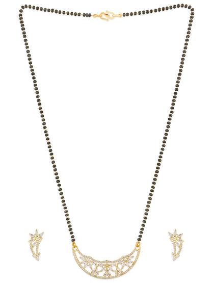 Aadita Festive Gold-Toned AD Stone Mangalsutra Set with Crescent Pendant and Black Bead Chain