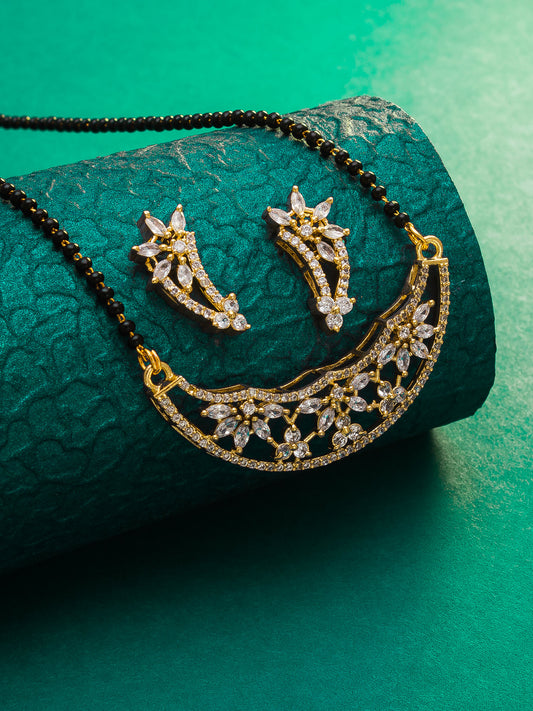 Aadita Festive Gold-Toned AD Stone Mangalsutra Set with Crescent Pendant and Black Bead Chain
