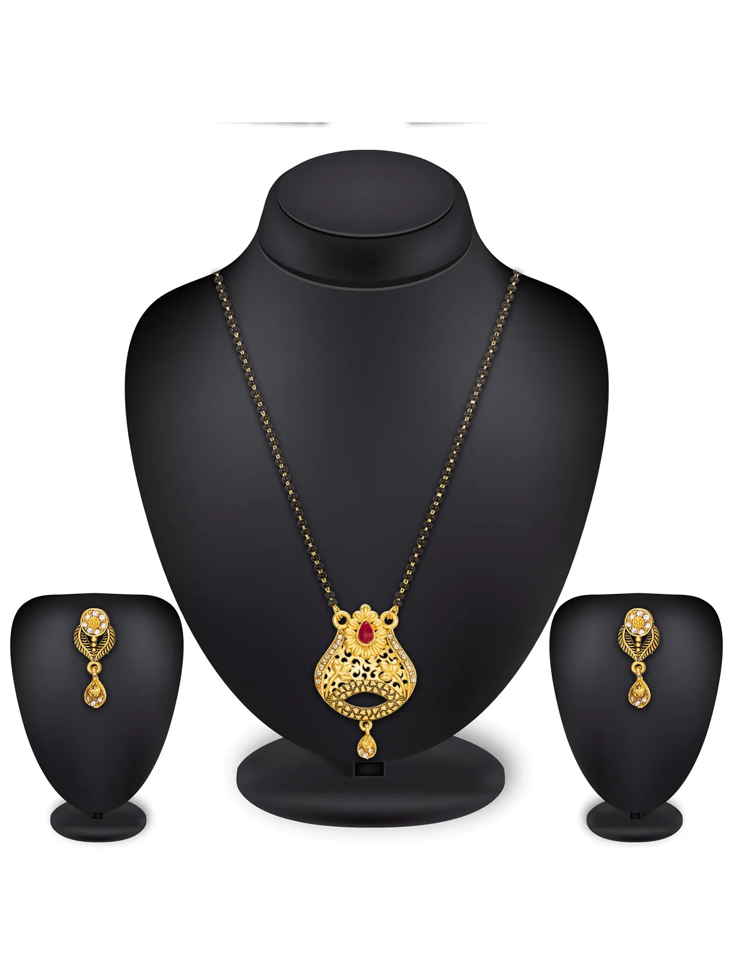 Gold jewelry set featuring a necklace with an owl-shaped pendant, a matching stud earring, and a small box earring, displayed on black mannequin busts against a white background.