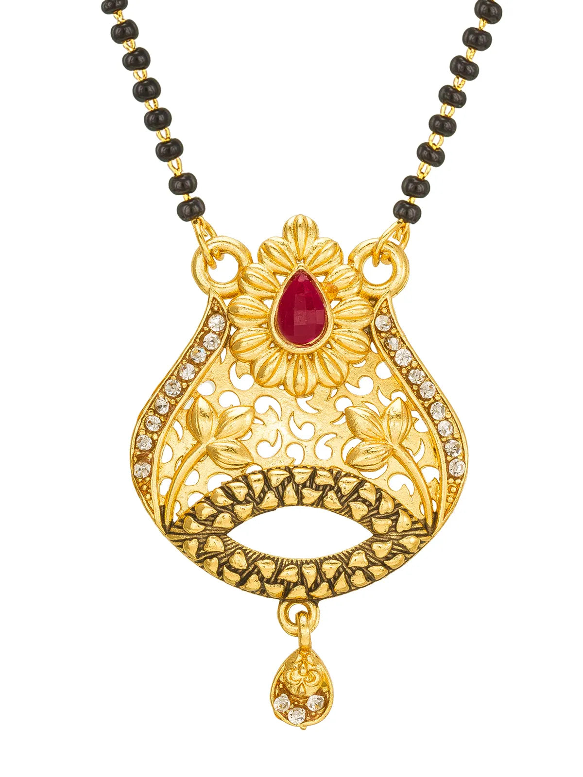 Gold-toned filigree pendant necklace with a red teardrop gemstone, small clear stones, and a black beaded chain on a white background.