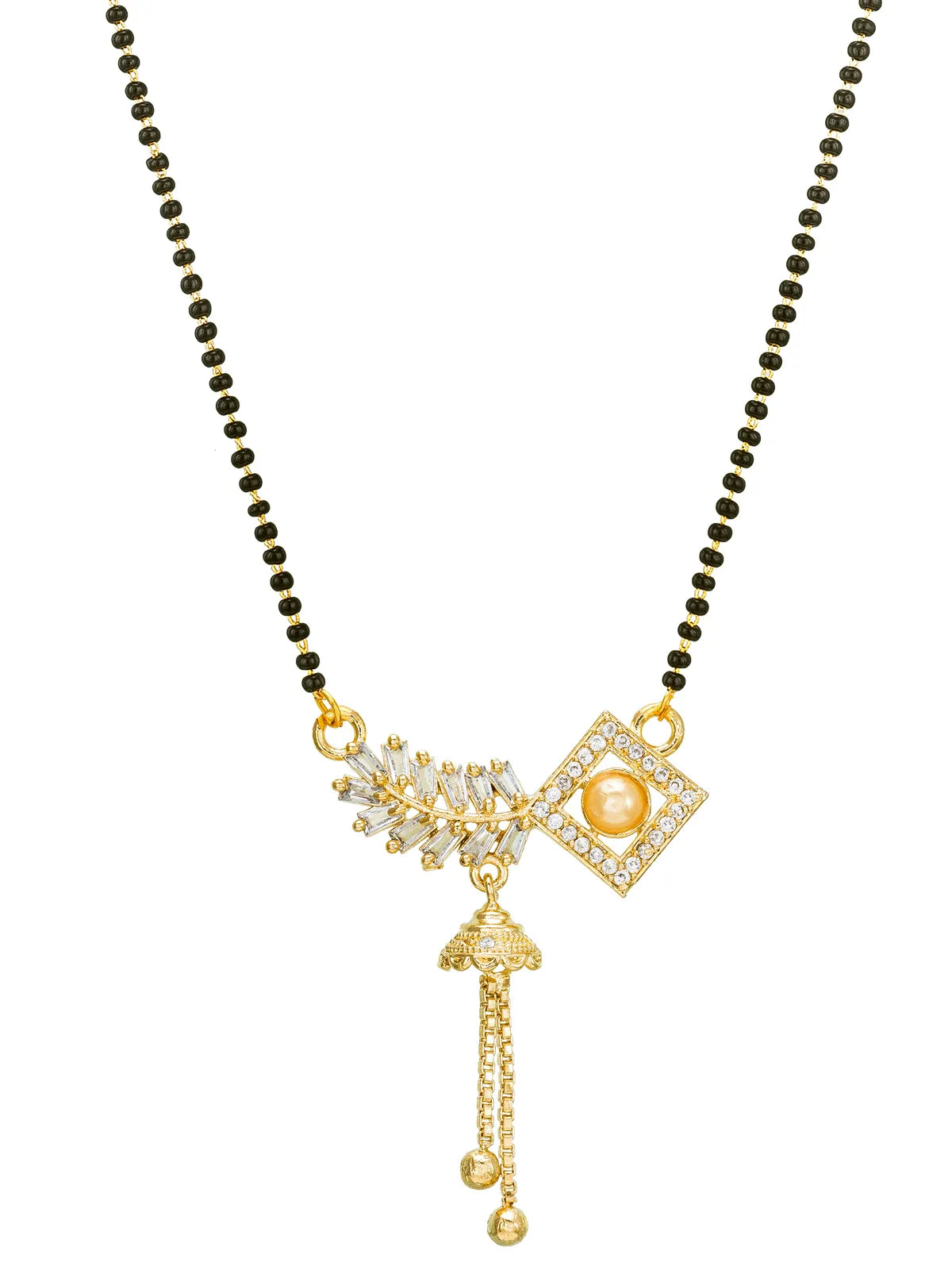 A gold and black beaded necklace featuring a decorative pendant with a central gold oval pearl, clear rhinestone clusters, and dangling gold chain elements, shown on a plain white background.