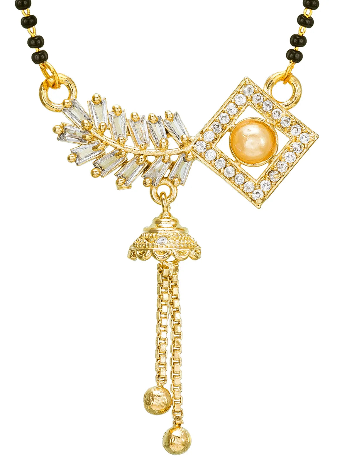 Gold-plated traditional Indian jewelry featuring a diamond-shaped pendant with a central pearl, a decorative crystal leaf motif, and a dangling bell-shaped charm on a black beaded necklace, shown against a plain white background.