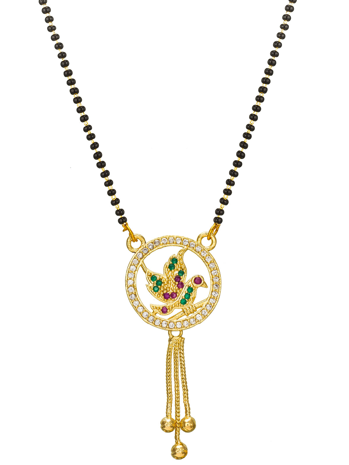 Aadita Festive Gold-Toned Black Bead Mangalsutra with AD Bird Motif Circular Pendant and Tassel Drop