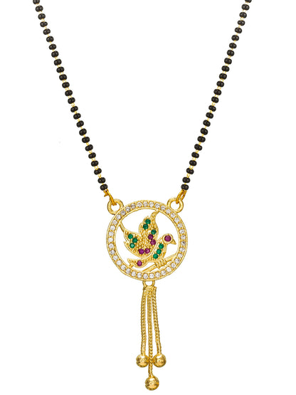 Aadita Festive Gold-Toned Black Bead Mangalsutra with AD Bird Motif Circular Pendant and Tassel Drop