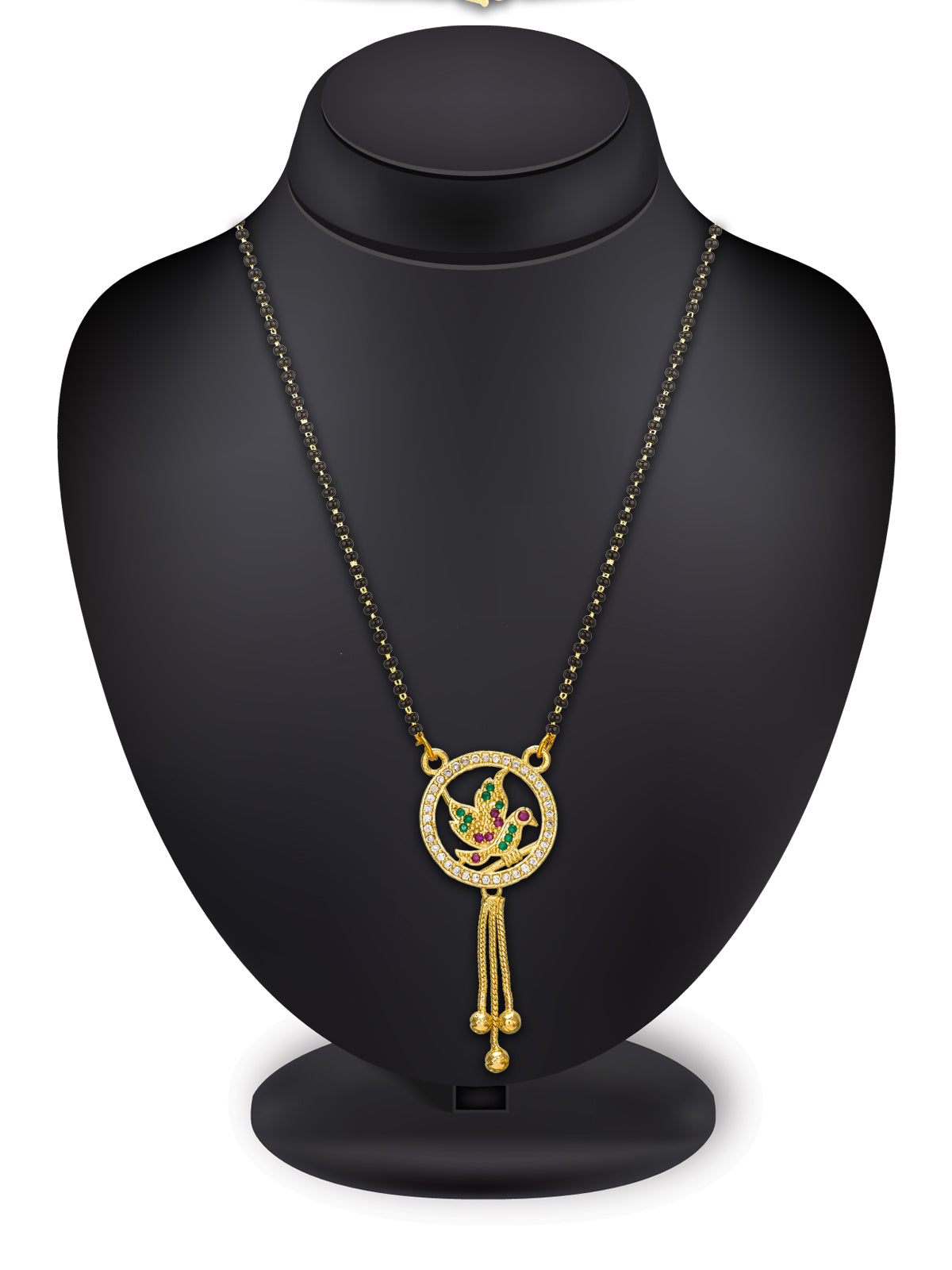 Aadita Festive Gold-Toned Black Bead Mangalsutra with AD Bird Motif Circular Pendant and Tassel Drop