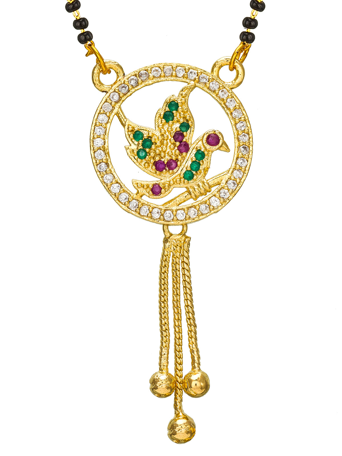Aadita Festive Gold-Toned Black Bead Mangalsutra with AD Bird Motif Circular Pendant and Tassel Drop