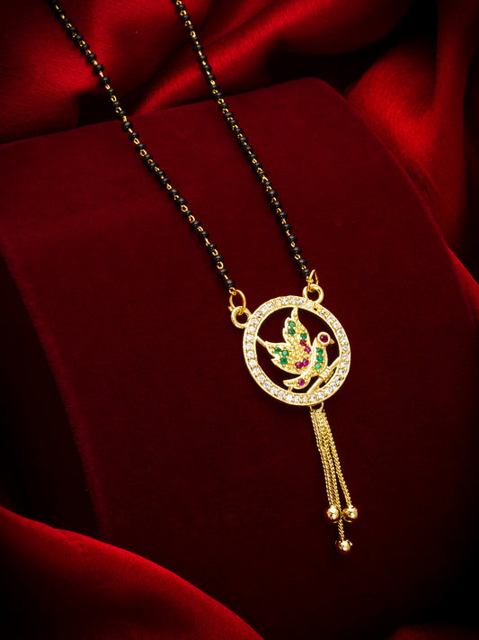 Aadita Festive Gold-Toned Black Bead Mangalsutra with AD Bird Motif Circular Pendant and Tassel Drop