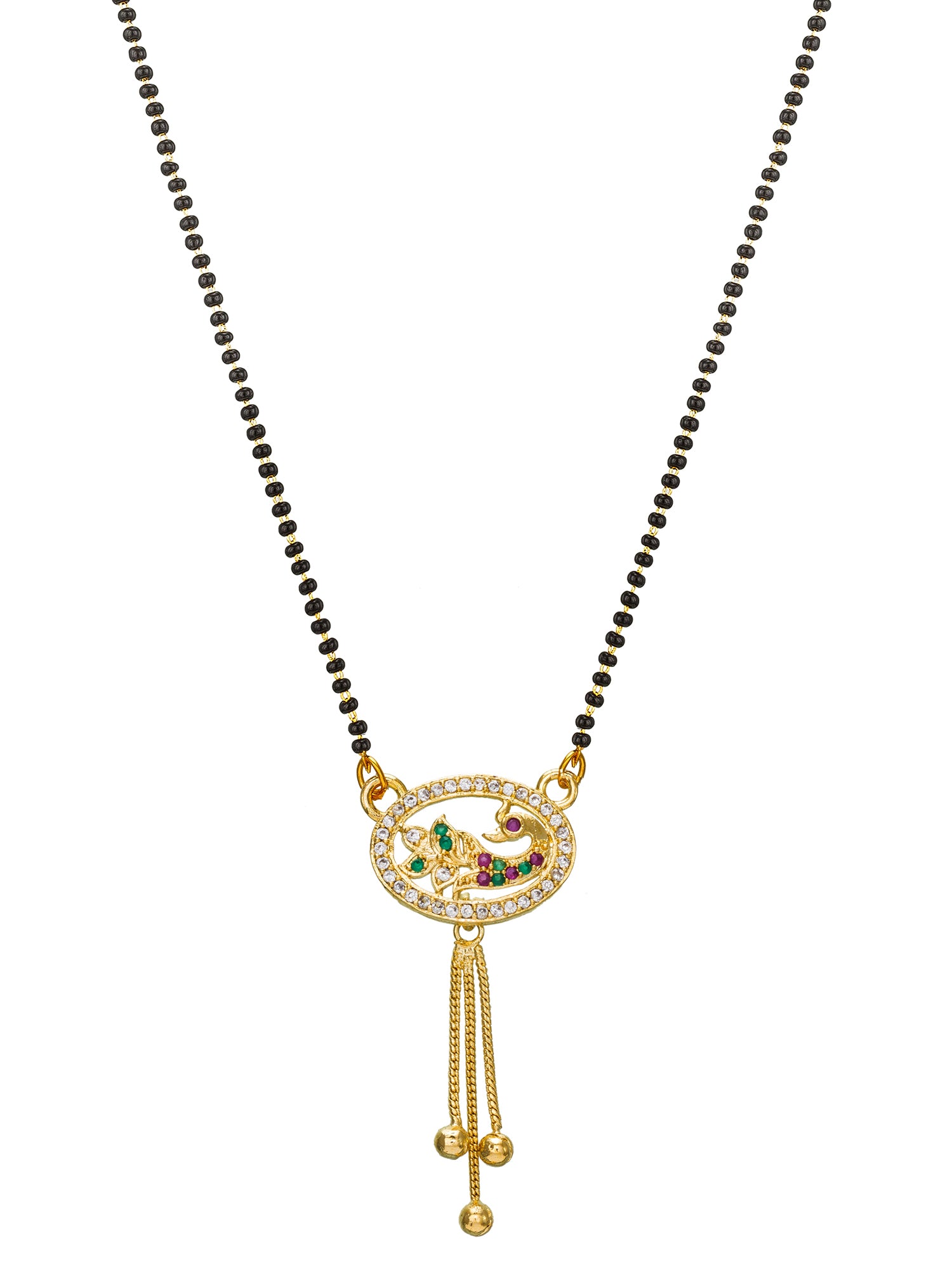 Aadita Gold Plated Oval Peacock Mangalsutra with Hanging Chains