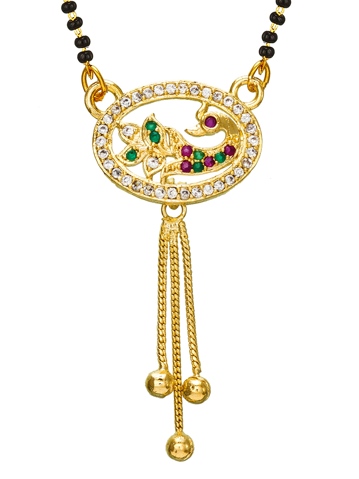 Aadita Gold Plated Oval Peacock Mangalsutra with Hanging Chains