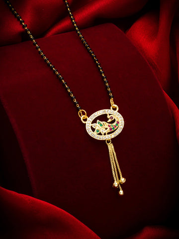 Aadita Gold Plated Oval Peacock Mangalsutra with Hanging Chains