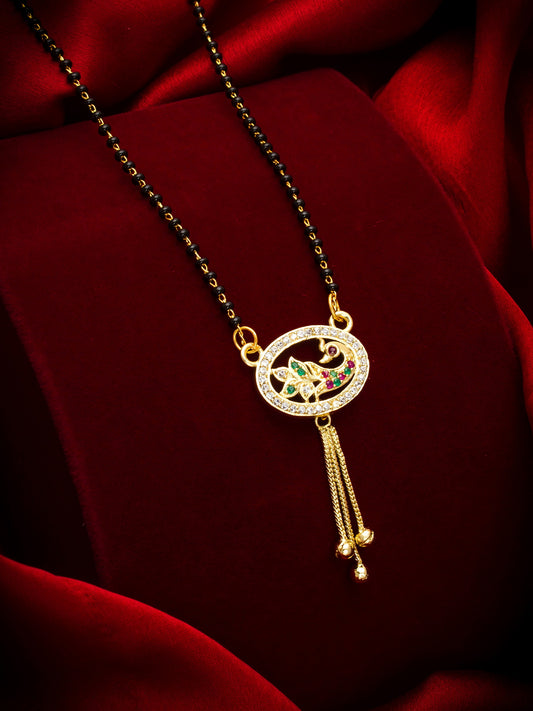 Aadita Gold Plated Oval Peacock Mangalsutra with Hanging Chains