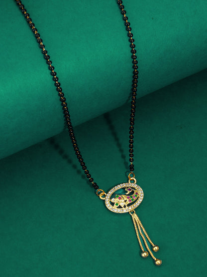 Aadita Gold Plated Oval Peacock Mangalsutra with Hanging Chains