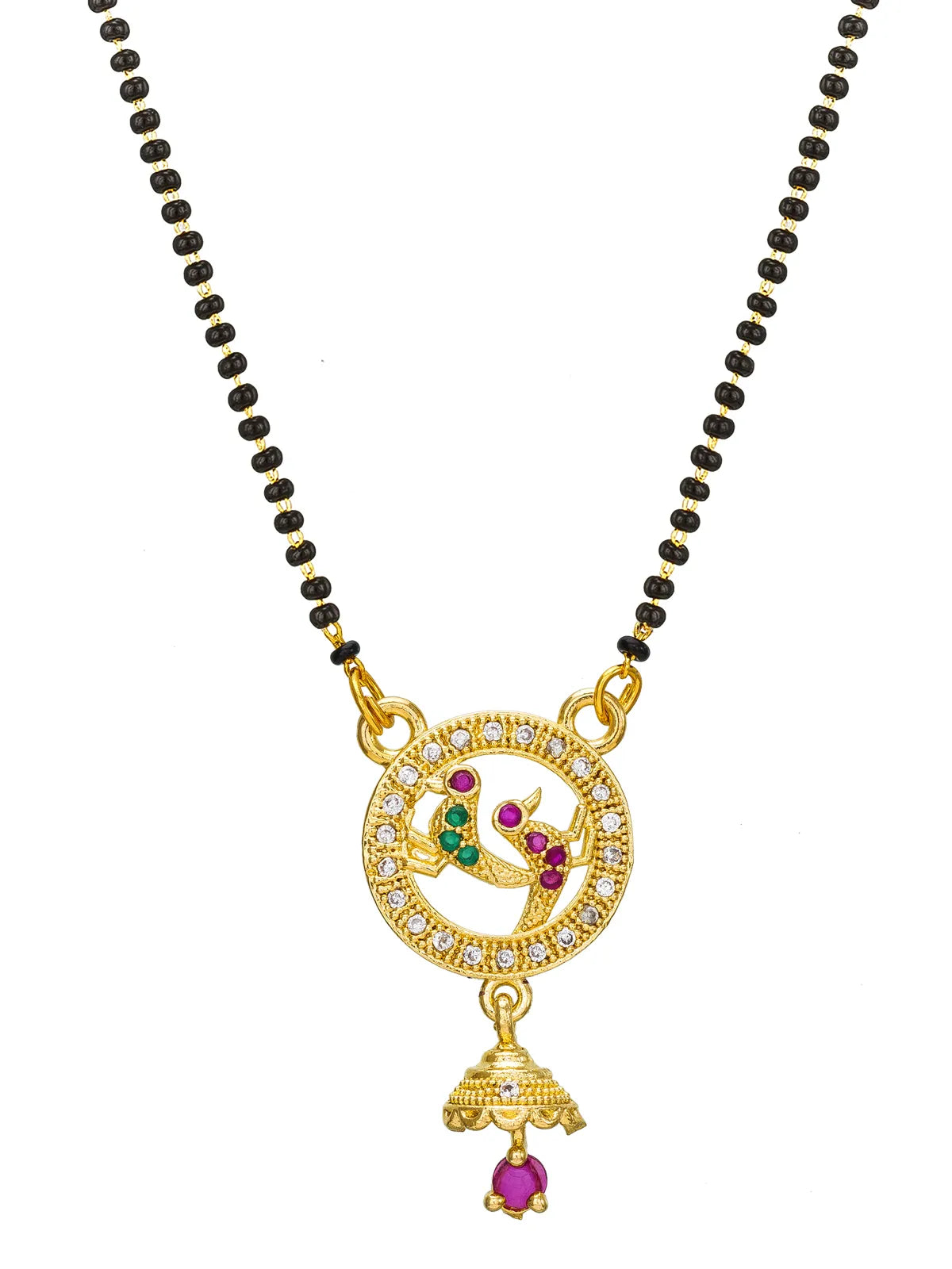 A gold-plated necklace featuring a circular pendant with a peacock motif, small green and purple gemstones, and a dangling bell-shaped charm with a purple stone, suspended on a black beaded chain against a white background.