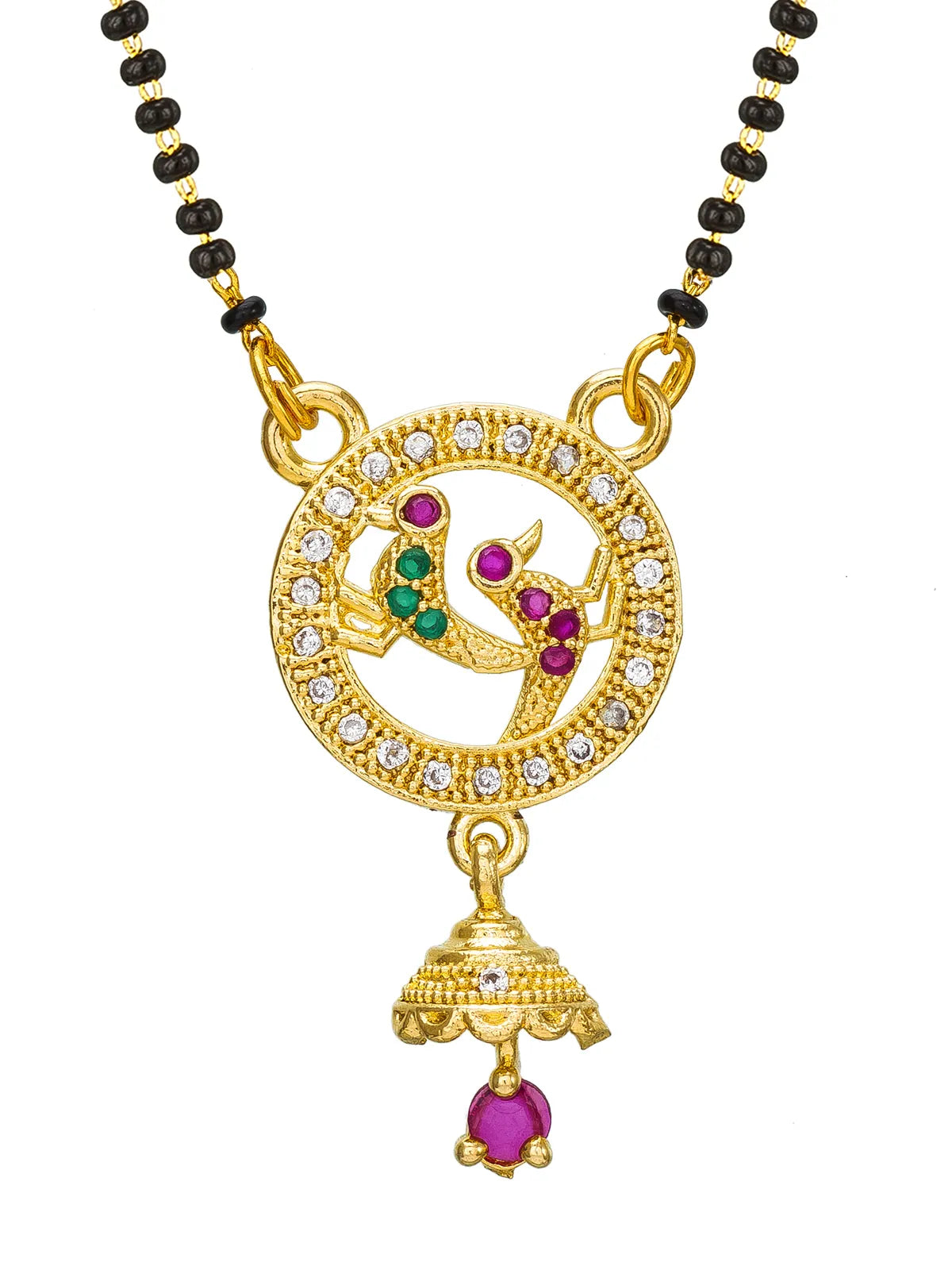 Gold-plated black bead magan necklace with a circular pendant featuring a bird design set with green and pink stones, and a dangling bell charm with a pink stone.