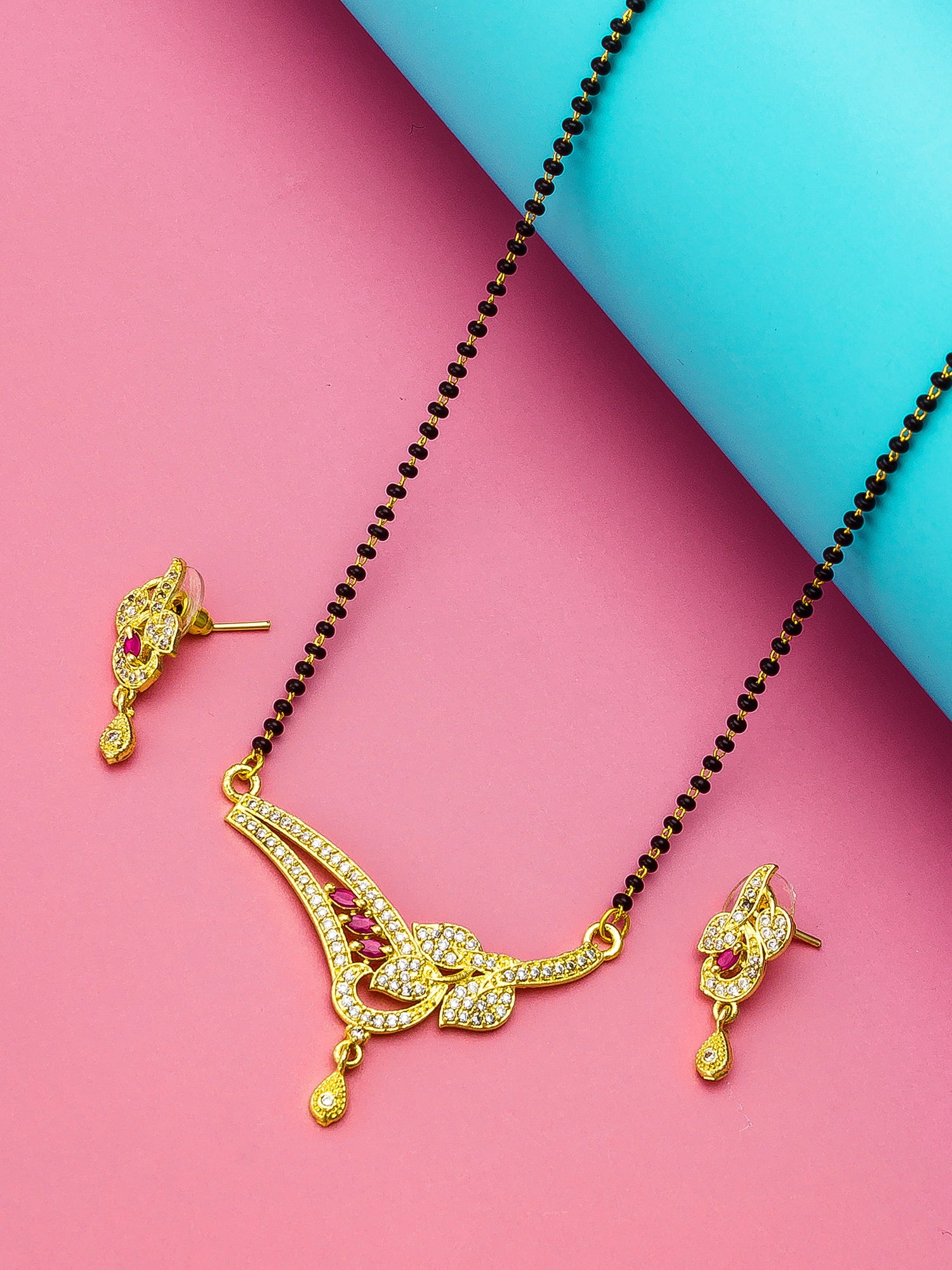 Aadita Floral Leaf Ruby Accented Mangalsutra Set