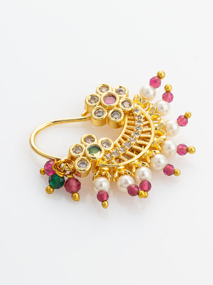 Aadita Floral Motif Gold Plated Press Nath