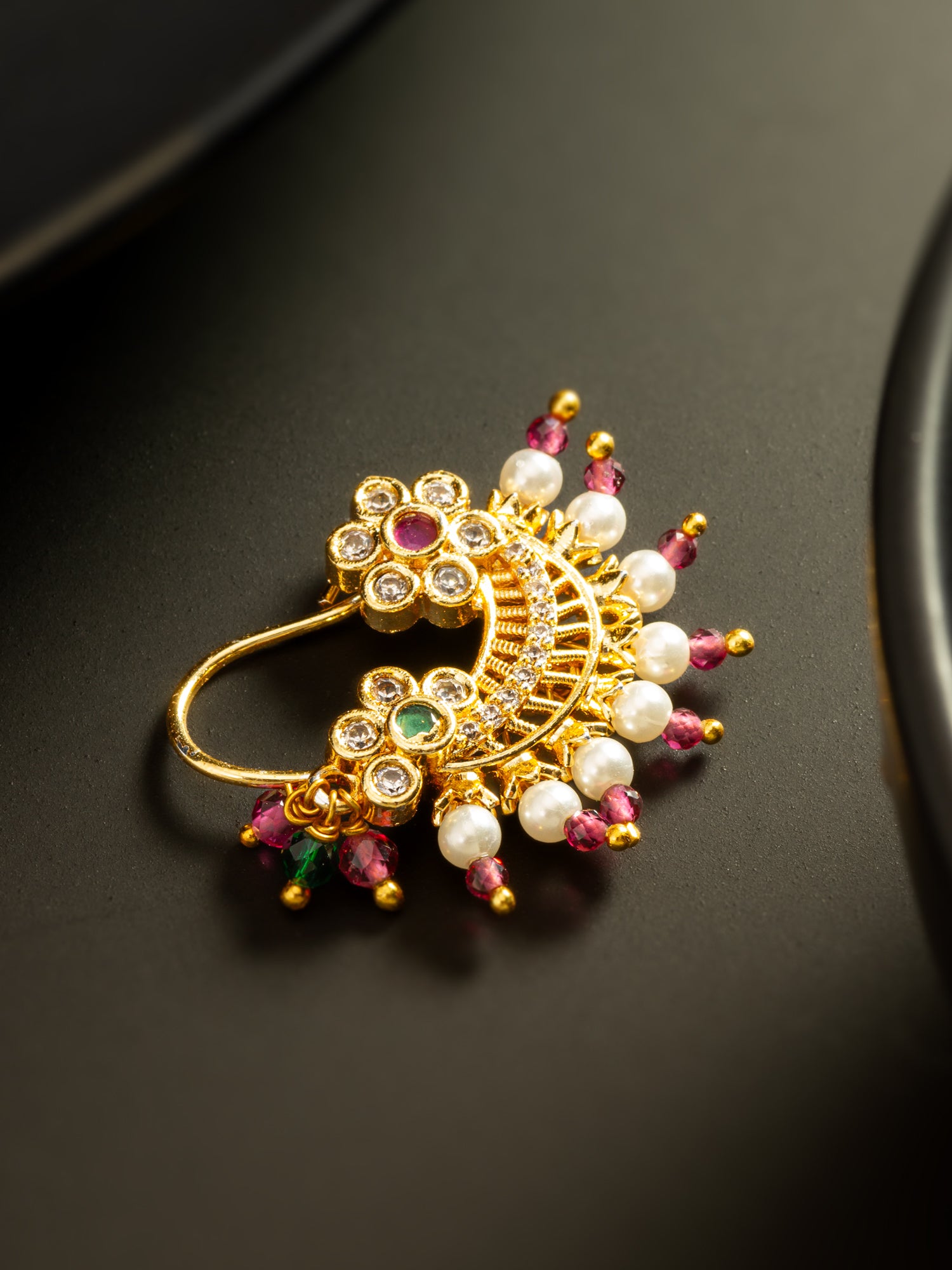 Aadita Floral Motif Gold Plated Press Nath
