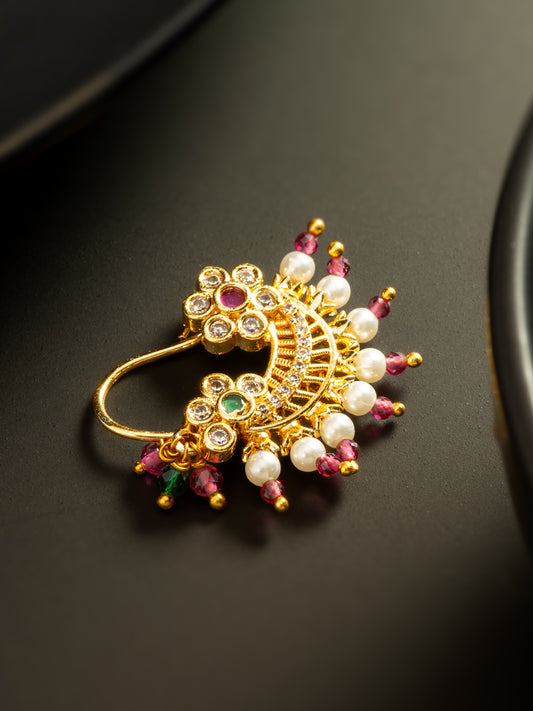 Aadita Floral Motif Gold Plated Press Nath