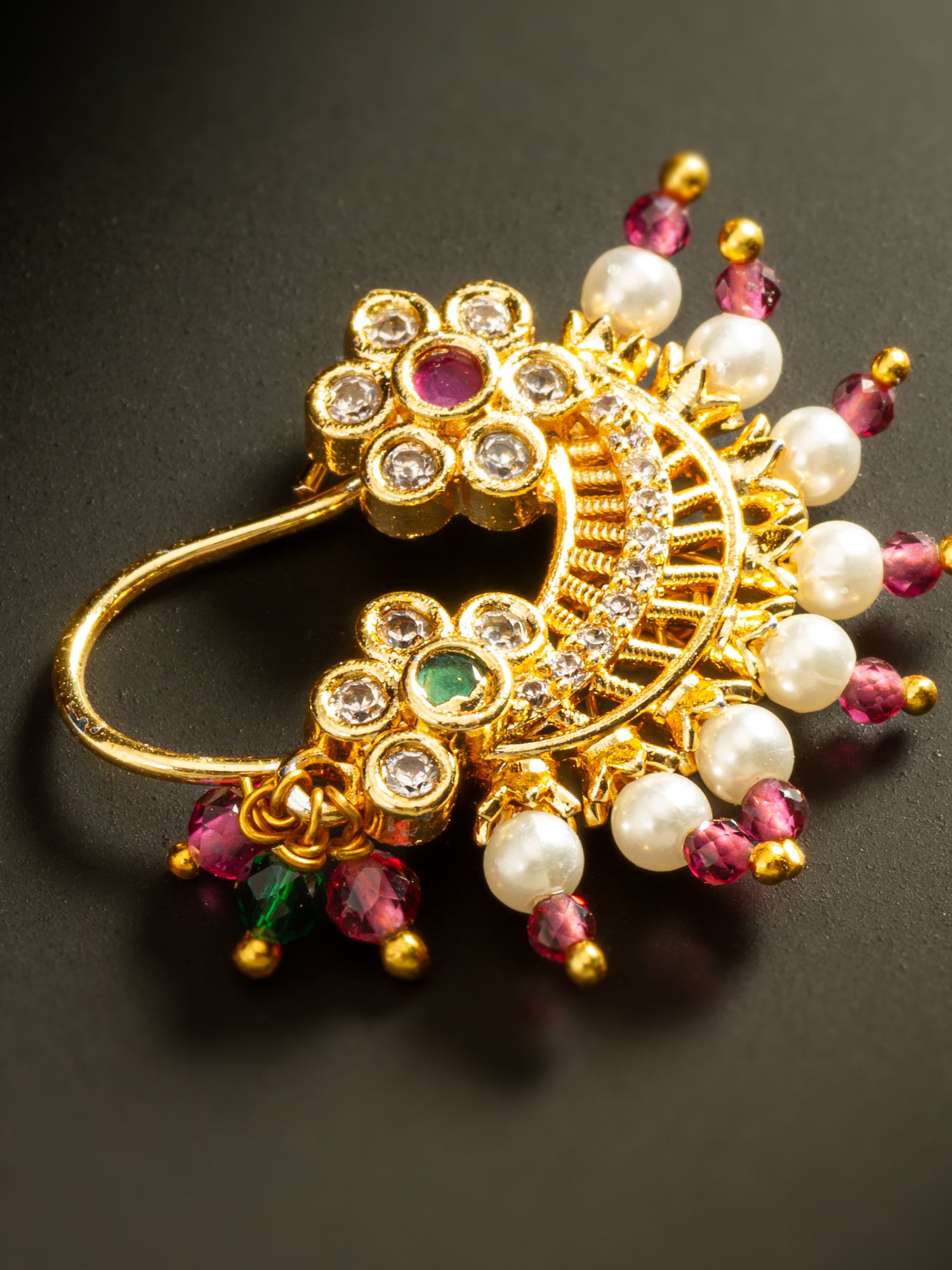 Aadita Floral Motif Gold Plated Press Nath