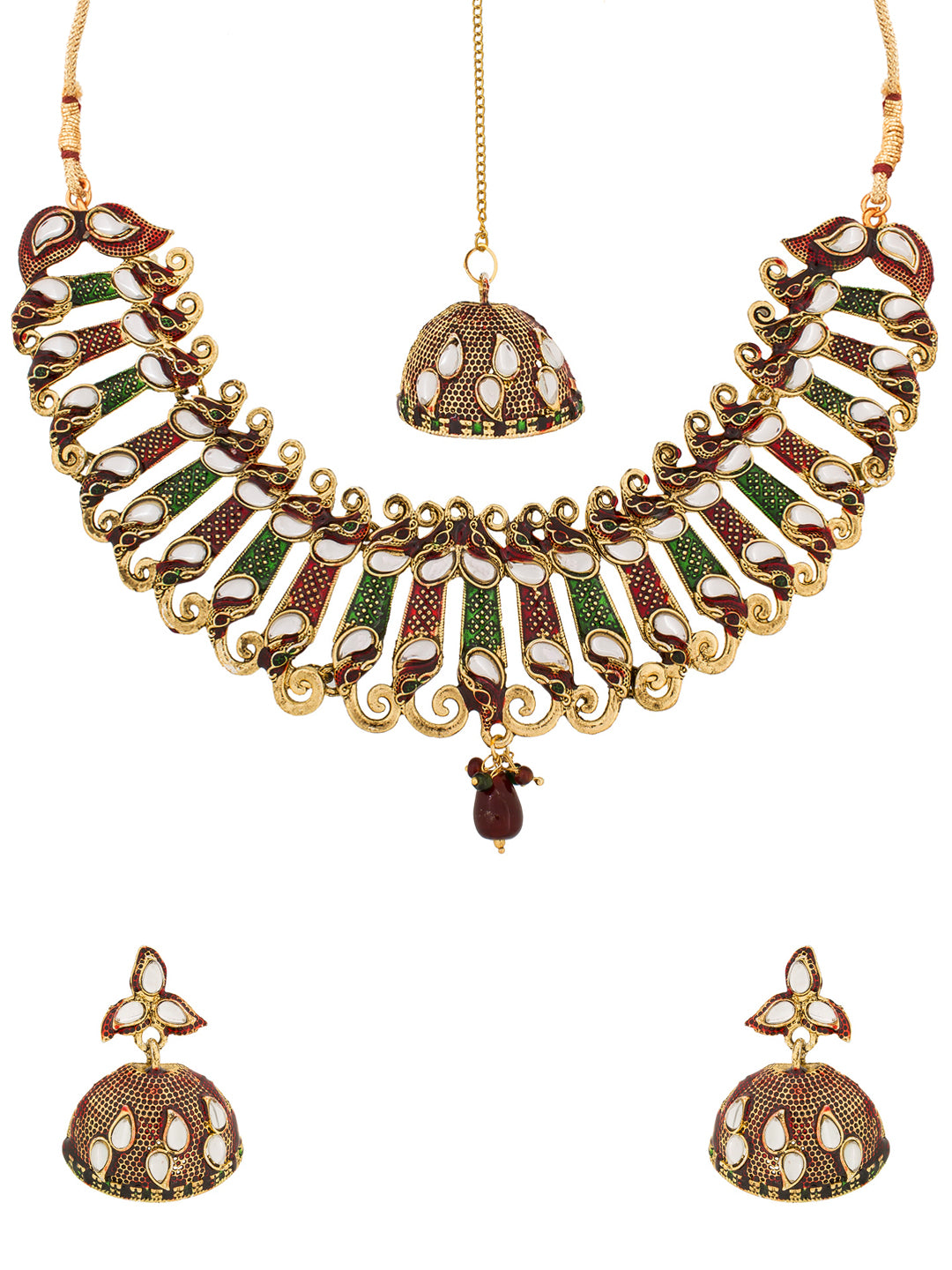 Aadita Traditional Wear Gold-Toned Kundan Meenakari Choker Necklace Set with Jhumka Earrings and Maang Tikka