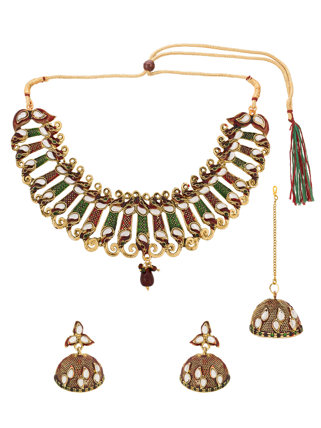 Aadita Traditional Wear Gold-Toned Kundan Meenakari Choker Necklace Set with Jhumka Earrings and Maang Tikka