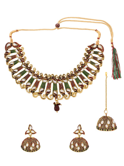 Aadita Traditional Wear Gold-Toned Kundan Meenakari Choker Necklace Set with Jhumka Earrings and Maang Tikka