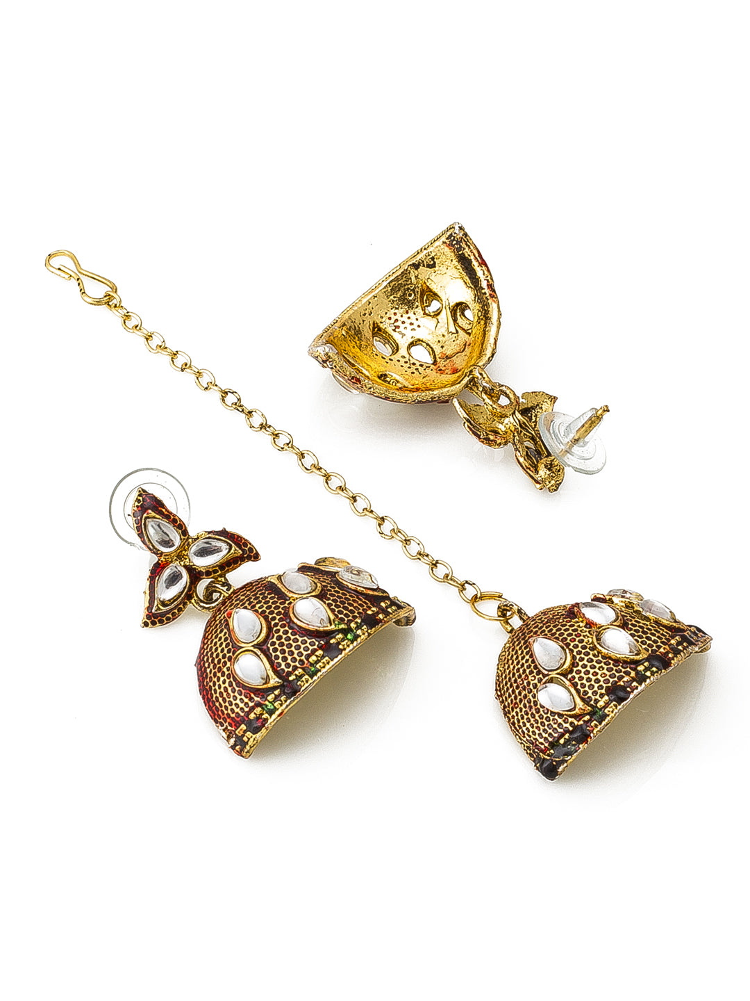 Aadita Traditional Wear Gold-Toned Kundan Meenakari Choker Necklace Set with Jhumka Earrings and Maang Tikka