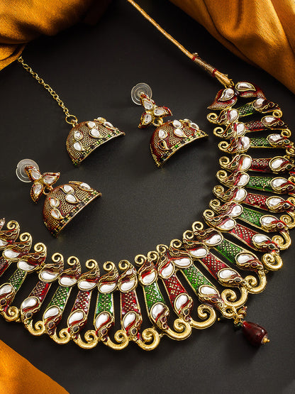Aadita Traditional Wear Gold-Toned Kundan Meenakari Choker Necklace Set with Jhumka Earrings and Maang Tikka