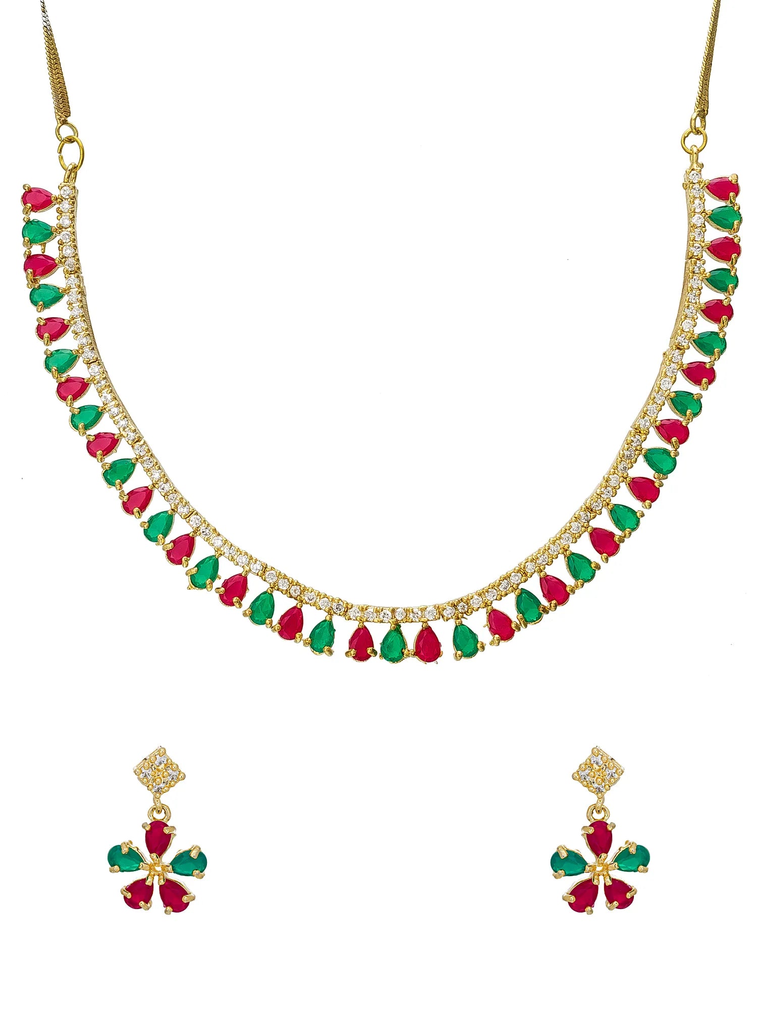 Gold-tone necklace and matching drop earrings set with red and green teardrop-shaped stones and small clear stones, shown on a plain white background.