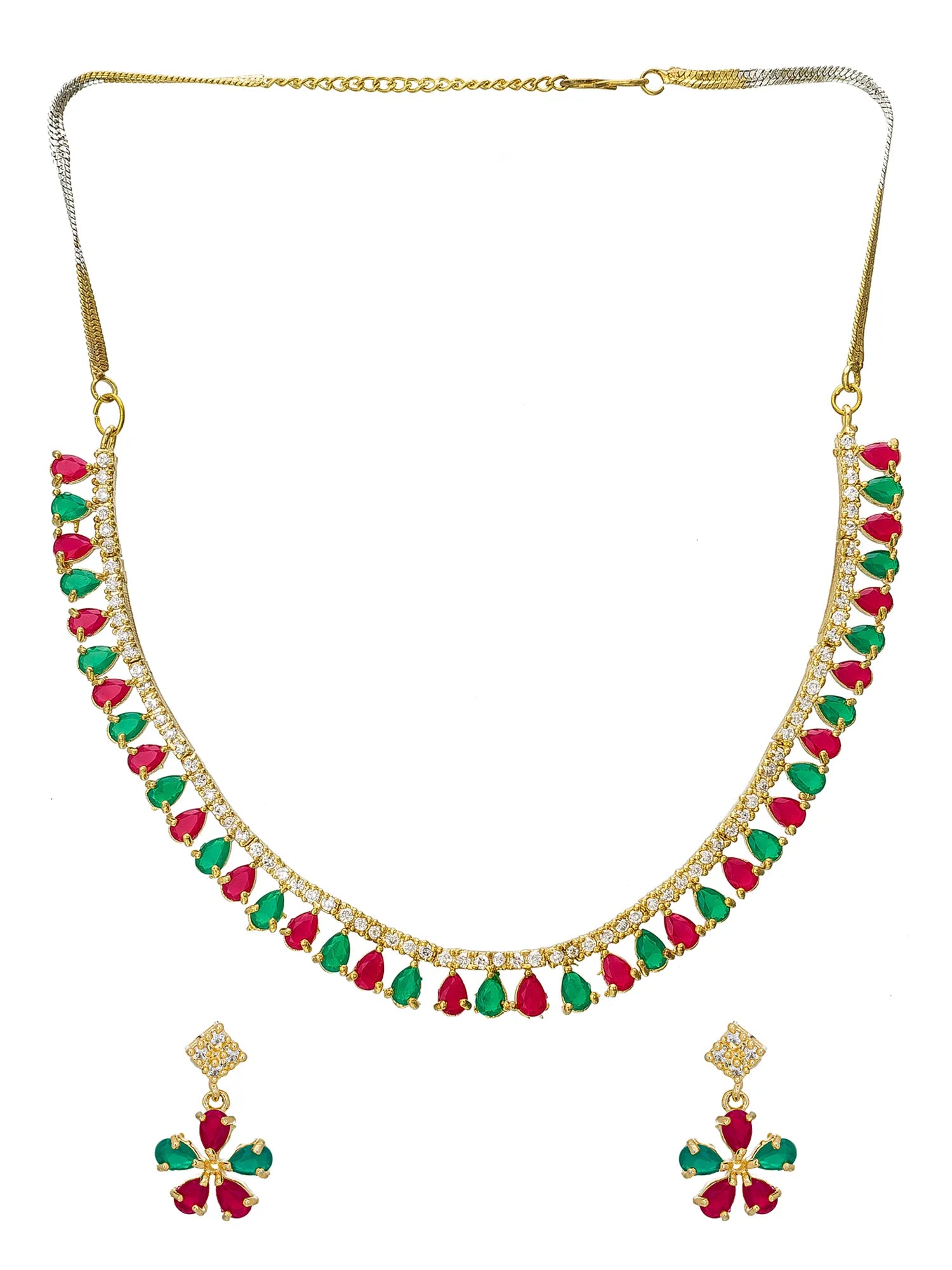 Gold-plated necklace and matching drop earrings set with red and green teardrop-shaped stones, displayed on a solid white background.