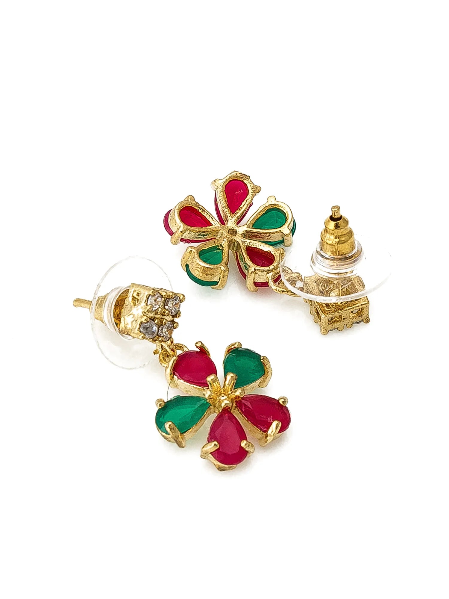 Gold-plated floral stud earrings with red and green enamel petals, shown on a plain white background with one earring in front and the other showing the post and backing.