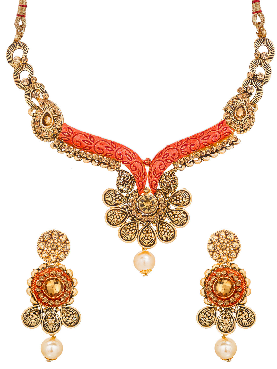 Aadita Antique Gold Floral Necklace Set with Orange Meenakari Accents, Pearl Drop and Matching Earrings
