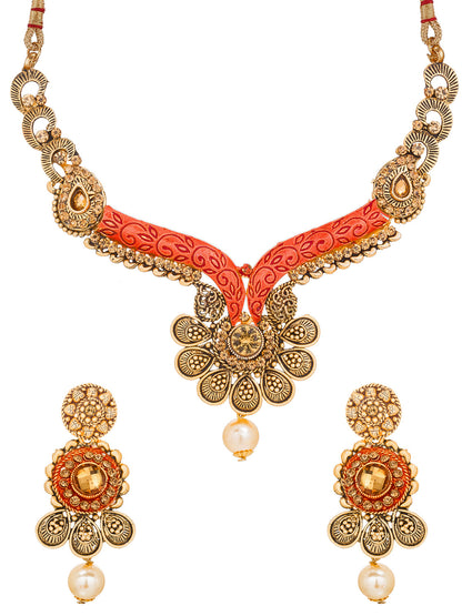 Aadita Antique Gold Floral Necklace Set with Orange Meenakari Accents, Pearl Drop and Matching Earrings