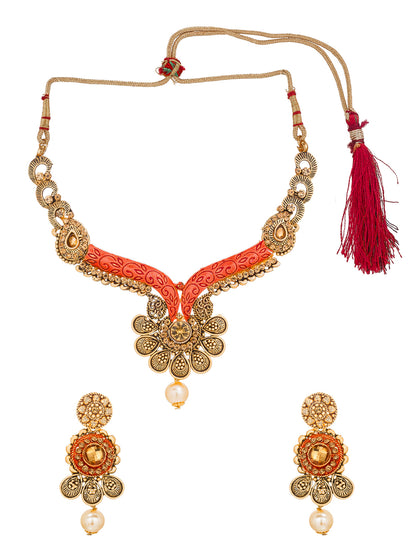 Aadita Antique Gold Floral Necklace Set with Orange Meenakari Accents, Pearl Drop and Matching Earrings