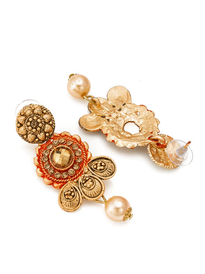 Aadita Antique Gold Floral Necklace Set with Orange Meenakari Accents, Pearl Drop and Matching Earrings