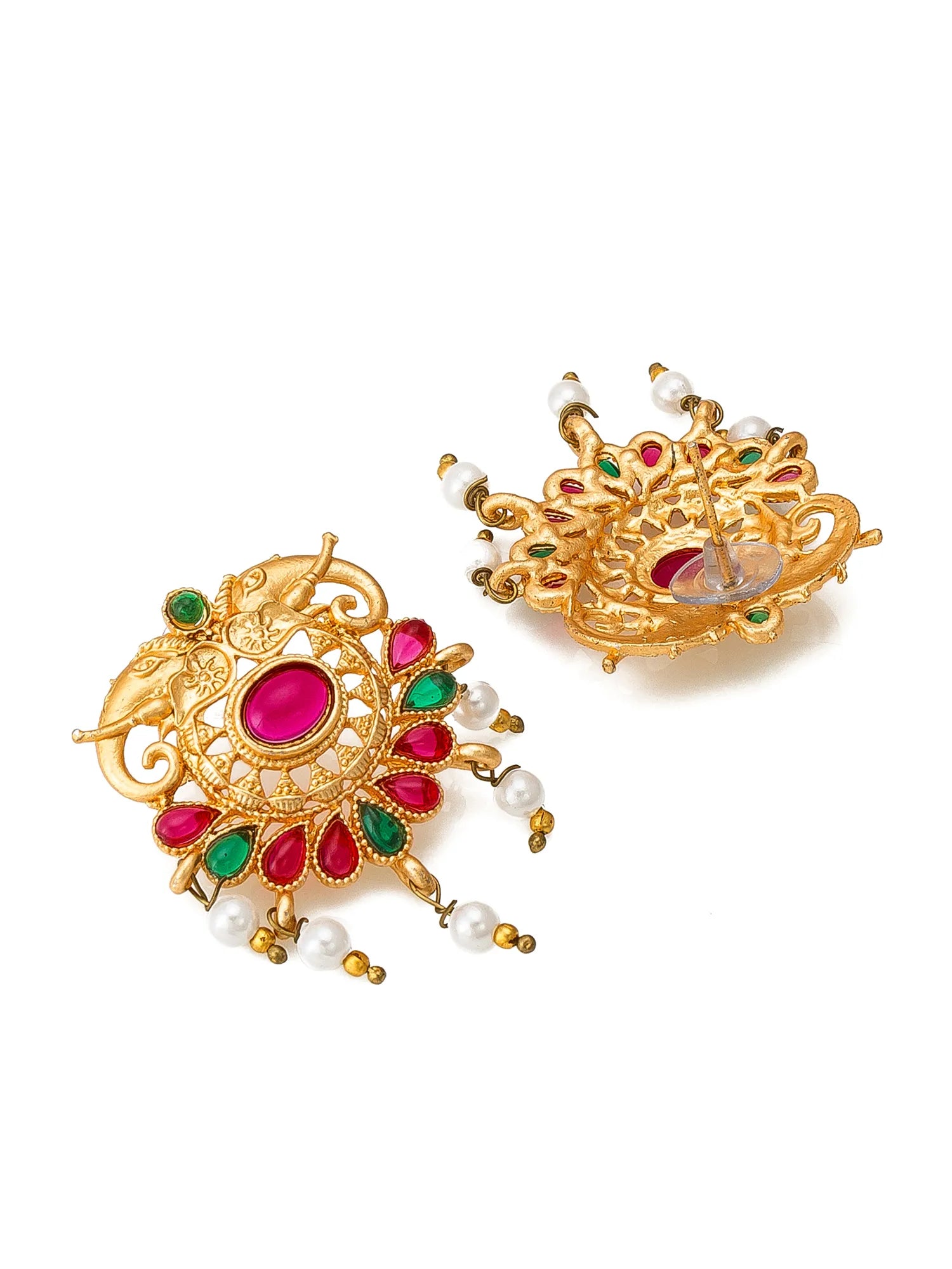 A pair of ornate gold-toned traditional earrings decorated with pink gemstones, green stones, and white pearl-like beads, shown on a plain white background.