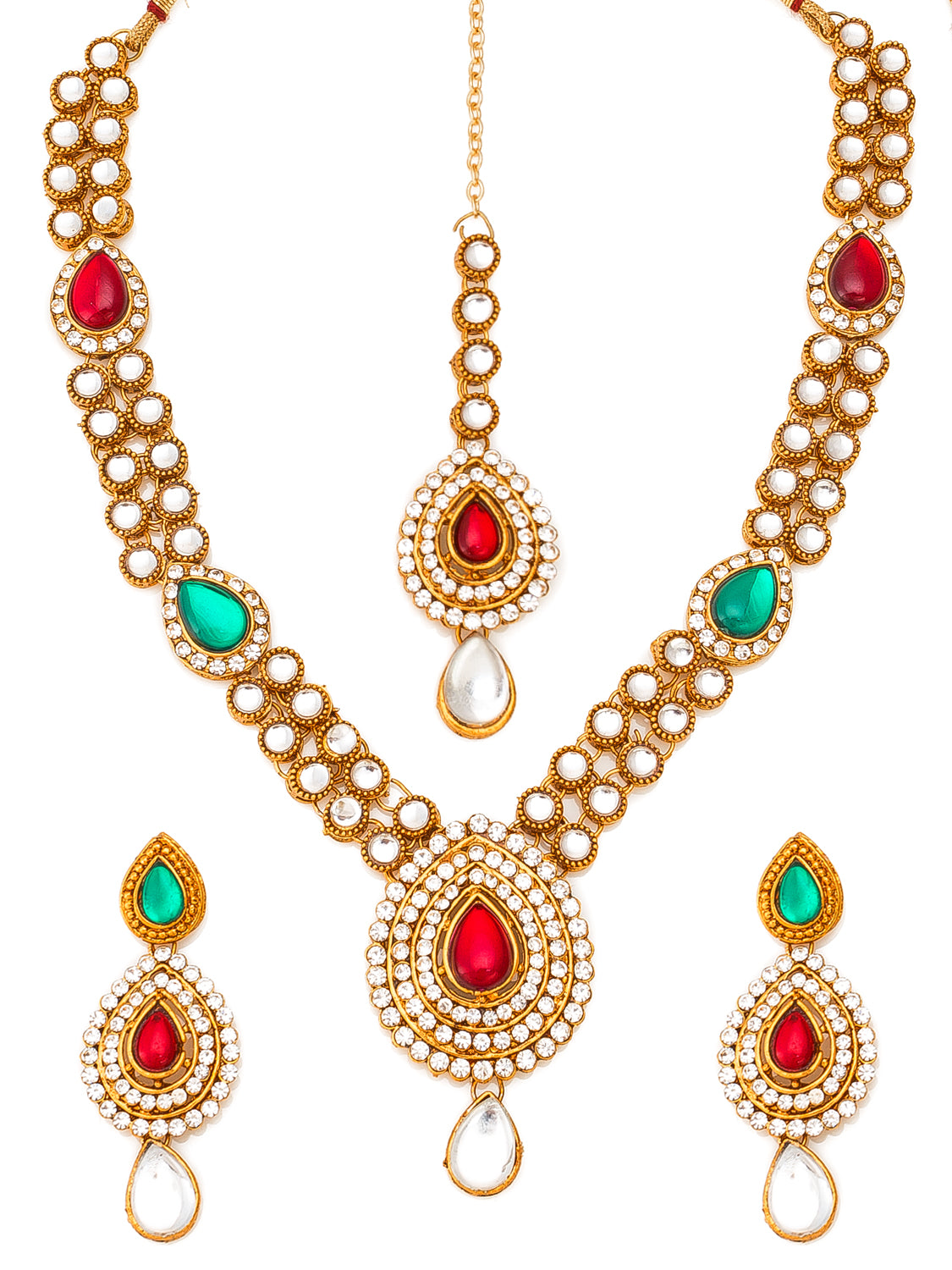 Aadita Antique Gold Kundan Necklace Set with Stones, Earrings and Maang Tikka