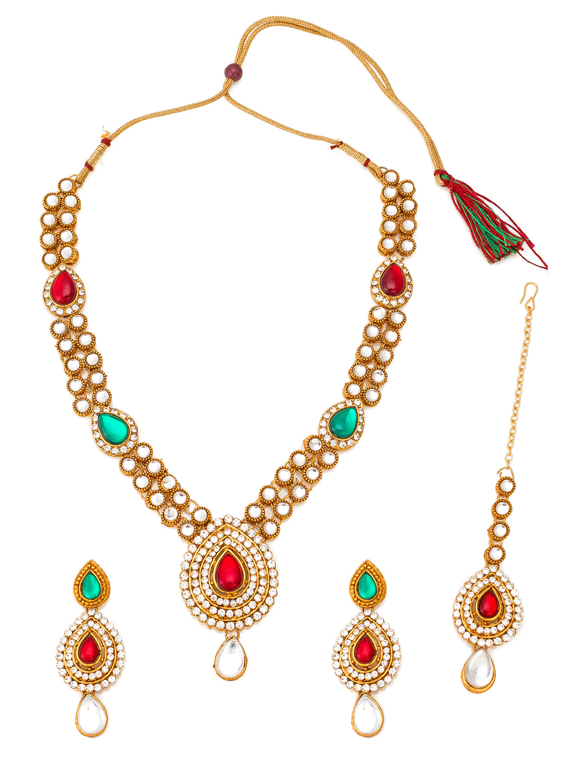 Aadita Antique Gold Kundan Necklace Set with Stones, Earrings and Maang Tikka