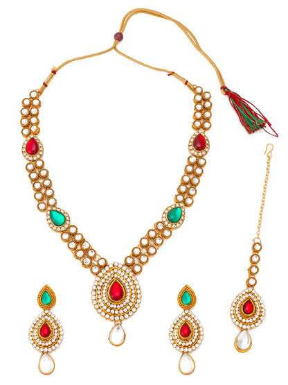 Aadita Antique Gold Kundan Necklace Set with Stones, Earrings and Maang Tikka