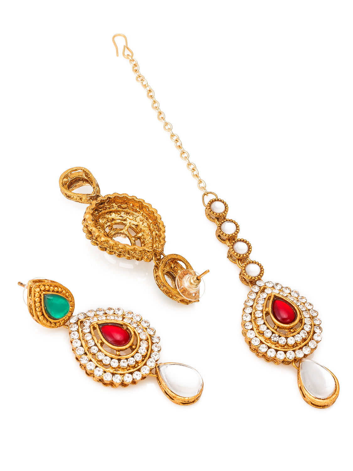 Aadita Antique Gold Kundan Necklace Set with Stones, Earrings and Maang Tikka