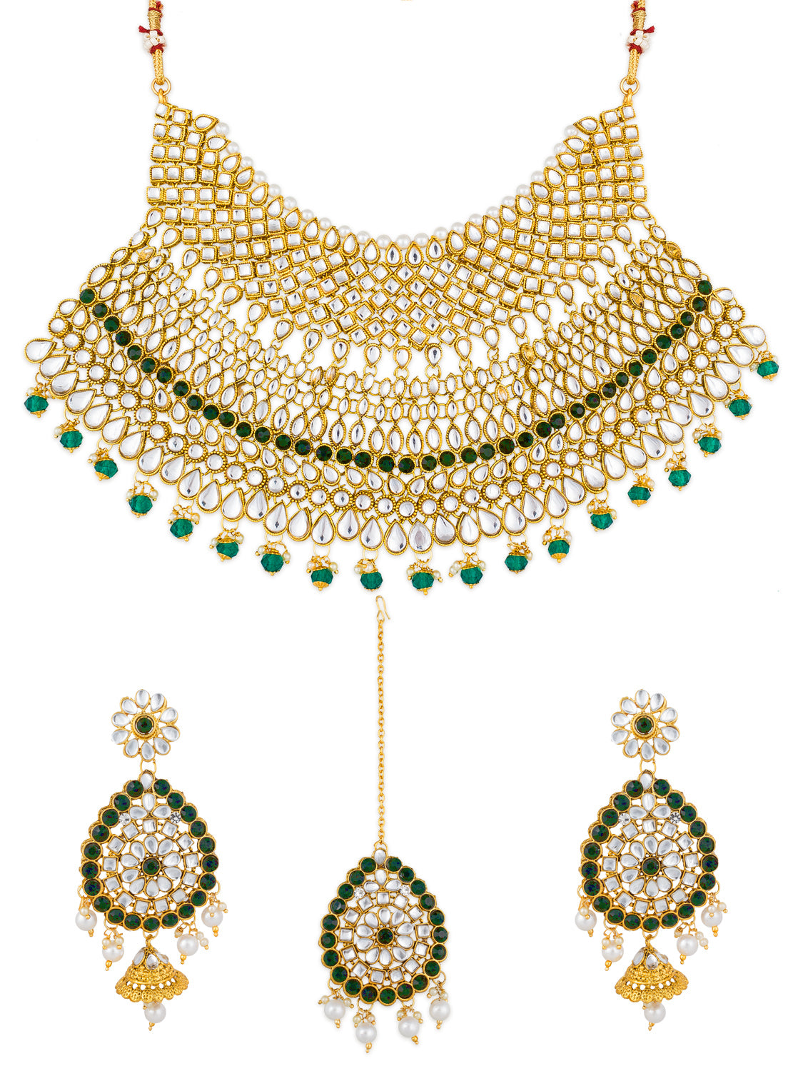 Aadita Gold Plated Traditional Kundan Pearl Drop Bridal Choker Necklace and Chandbali Earrings Set