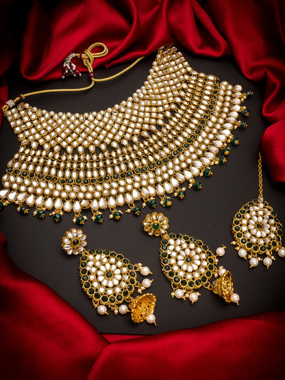 Aadita Gold Plated Traditional Kundan Pearl Drop Bridal Choker Necklace and Chandbali Earrings Set