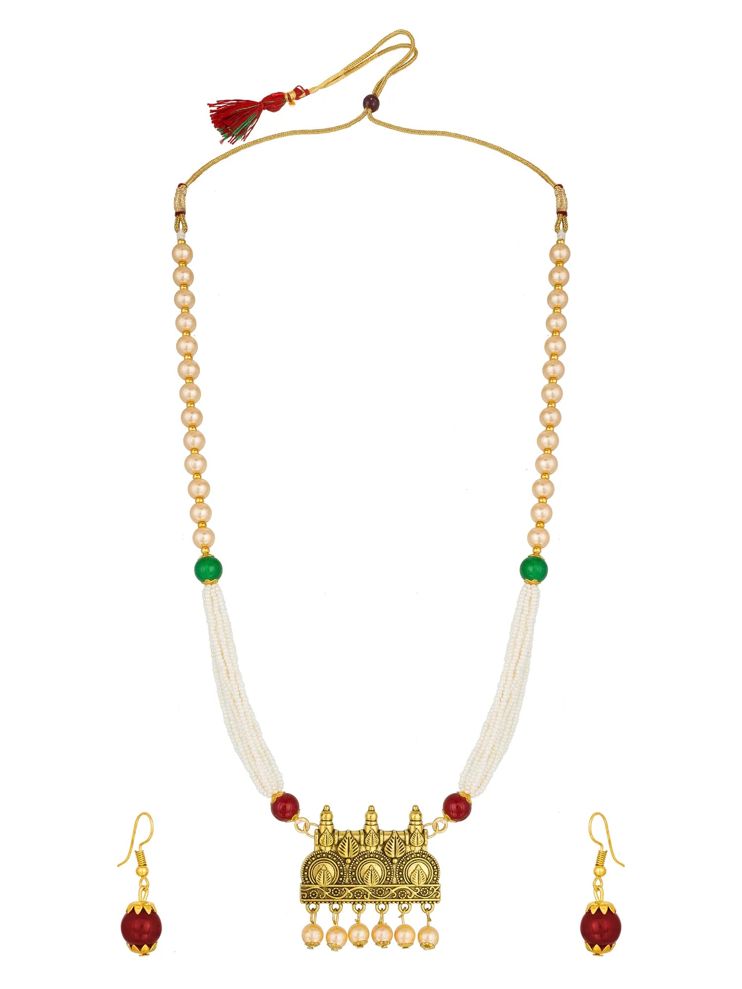 A traditional Indian jewelry set featuring a necklace and matching earrings