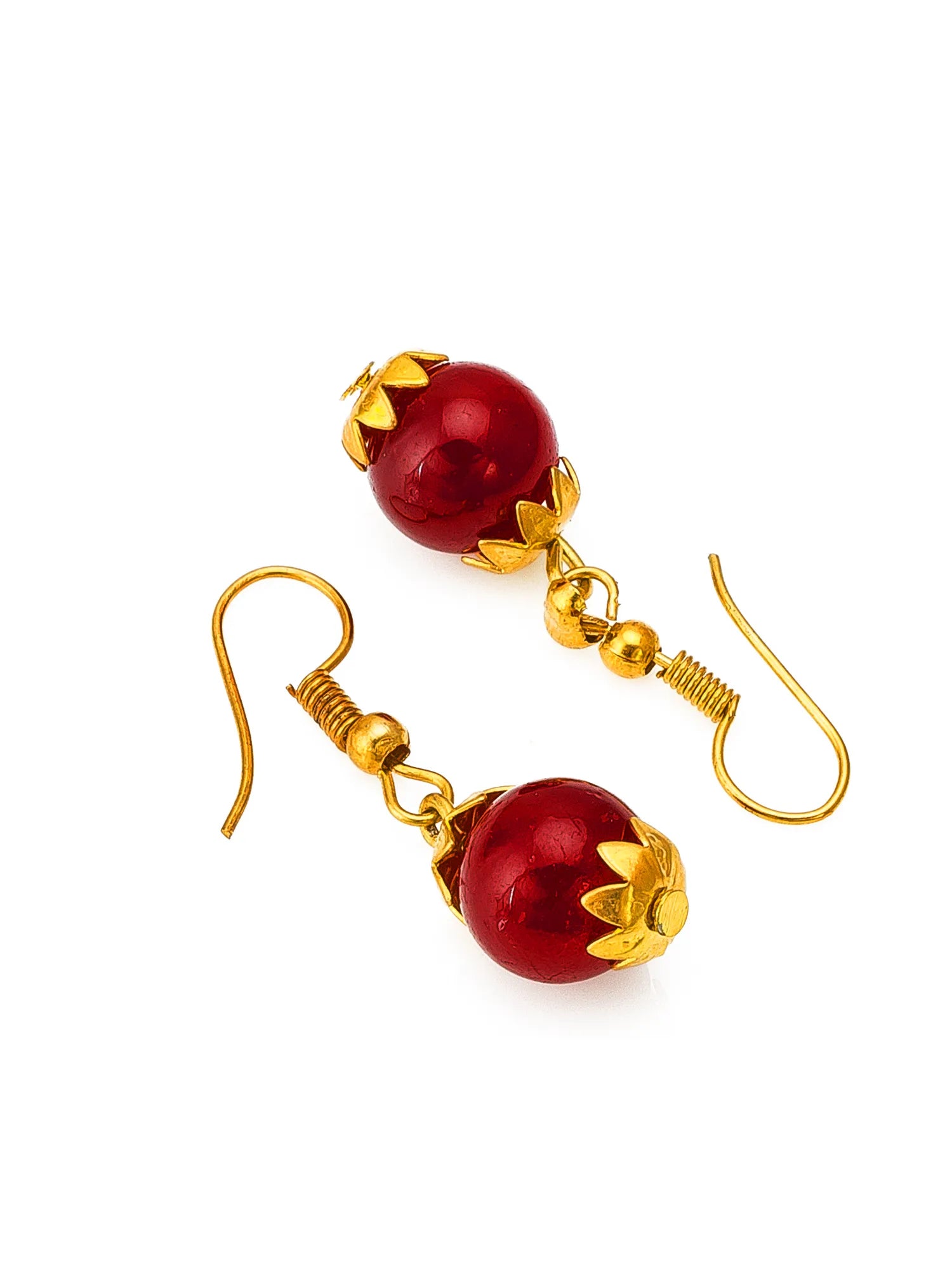 A pair of gold-tone dangle earrings with glossy red spherical beads, each accented with small gold leaf-like details at the top and bottom, shown on a plain white background.
