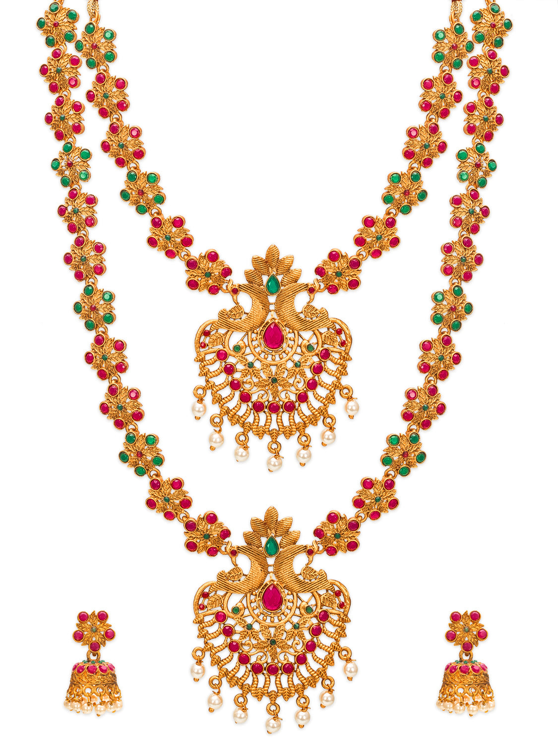 Aadita Traditional Temple Haram Dual Necklace Set With Stones And Jhumka Earrings