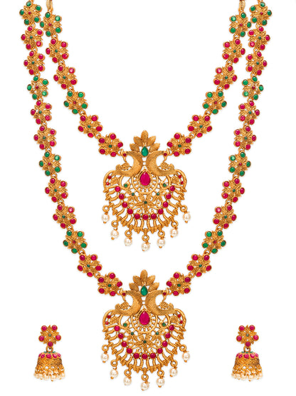 Aadita Traditional Temple Haram Dual Necklace Set With Stones And Jhumka Earrings
