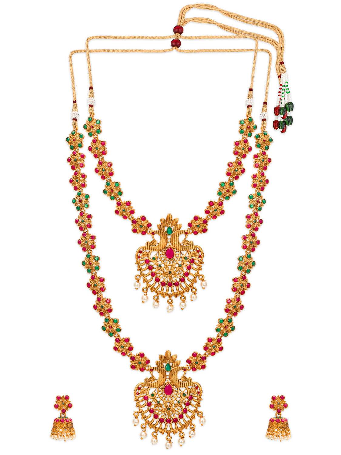 Traditional Temple Haram Necklace Set with Stones and Jhumka Earrings