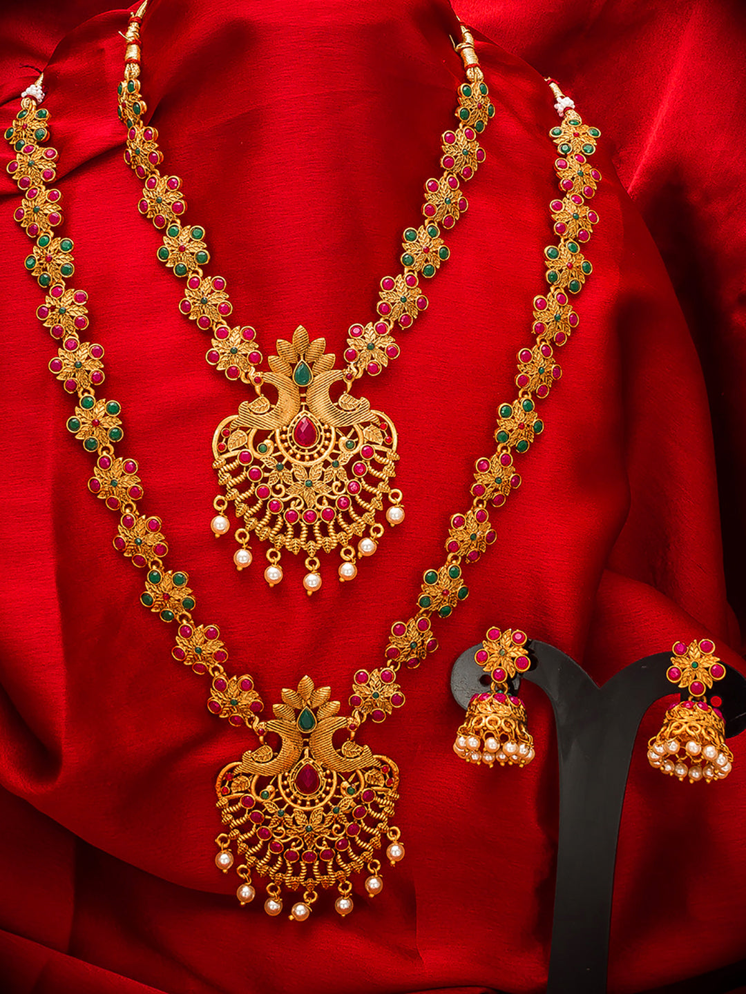 Aadita Traditional Temple Haram Dual Necklace Set With Stones And Jhumka Earrings